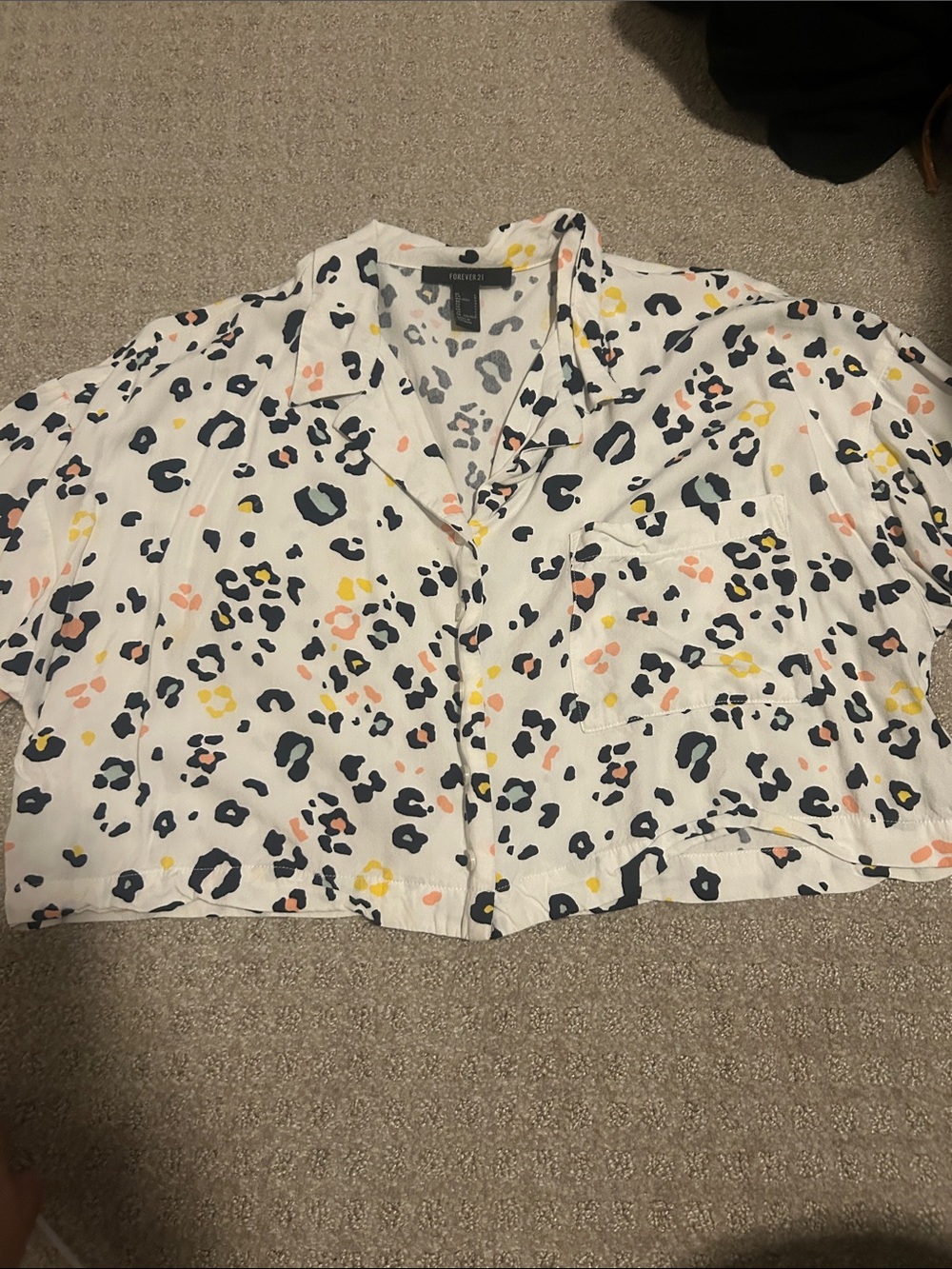 Forever 21 White Short Sleeve Button-Down Top with Multi Color Leopard Print
